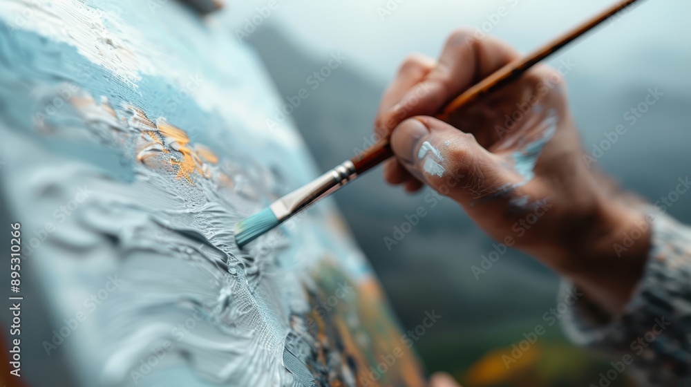 This closeup image captures an artist's hand painting a detailed landscape with a brush, highlighting the vibrant colors, intricate textures, and the meticulous attention to detail involved in the cr This closeup image captures an artist's hand painting a detailed landscape with a brush, highlighting the vibrant colors, intricate textures, and the meticulous attention to detail involved in the cr