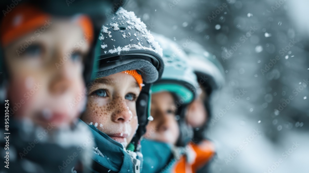 A close-up shot of snow-covered helmets lined up, capturing the essence of a thrilling winter adventure with people ready for an outdoor activity in a snowy environment. A close-up shot of snow-covered helmets lined up, capturing the essence of a thrilling winter adventure with people ready for an outdoor activity in a snowy environment.