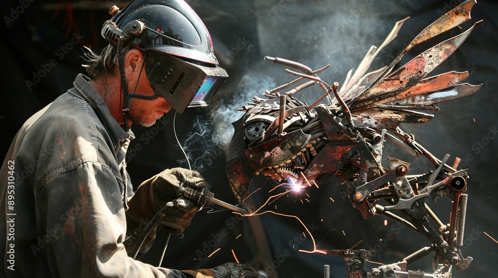 Fototapeta premium Metal Sculptor: Welding metal pieces into a sculpture.