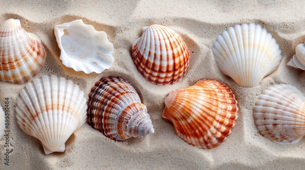 A variety of seashells of different shapes, sizes, and colors are beautifully arranged on a sandy beach surface, capturing the essence of nature's art and coastal life. A variety of seashells of different shapes, sizes, and colors are beautifully arranged on a sandy beach surface, capturing the essence of nature's art and coastal life.