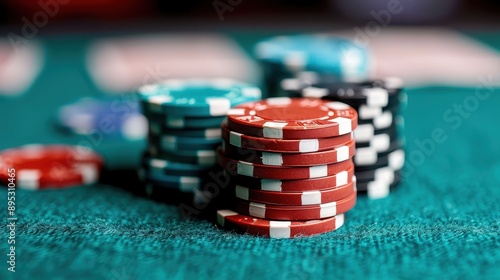 The image displays poker chips in various colors arranged neatly in stacks on a felt casino table, encapsulating the essence of gambling, strategizing, and the casino atmosphere.