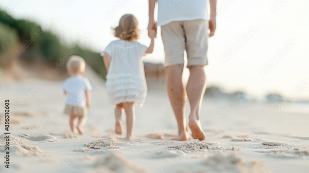 Parent with two small children walking on a sandy beach during sunset, illustrating family moments, childhood, and calmness by the sea with a sense of exploration. Parent with two small children walking on a sandy beach during sunset, illustrating family moments, childhood, and calmness by the sea with a sense of exploration.