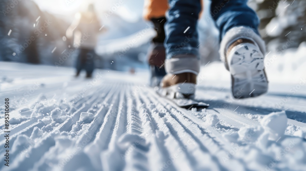 Ski boots in the foreground on a groomed snowy slope with people enjoying winter sports in the background, showcasing winter recreation and adventure in the mountains. Ski boots in the foreground on a groomed snowy slope with people enjoying winter sports in the background, showcasing winter recreation and adventure in the mountains.