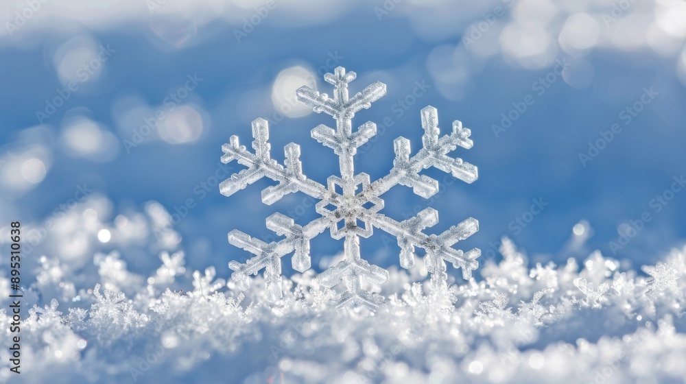 A snowflake is sitting on top of the snow A snowflake is sitting on top of the snow