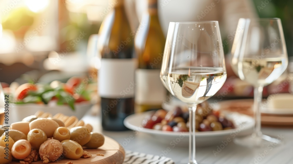 A beautifully set dining table featuring wine glasses and green olives, with wine bottles in the background, creating a sophisticated and elegant atmosphere. A beautifully set dining table featuring wine glasses and green olives, with wine bottles in the background, creating a sophisticated and elegant atmosphere.