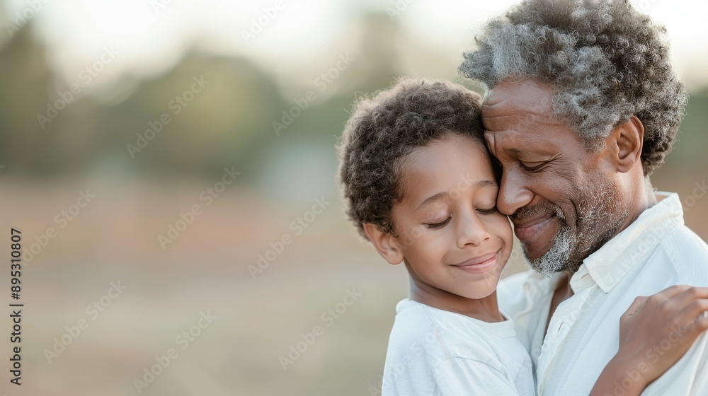 A grandfather lovingly hugs his grandson while standing outdoors, displaying a heartfelt connection and warmth, with the serene natural background enhancing the moment. A grandfather lovingly hugs his grandson while standing outdoors, displaying a heartfelt connection and warmth, with the serene natural background enhancing the moment.