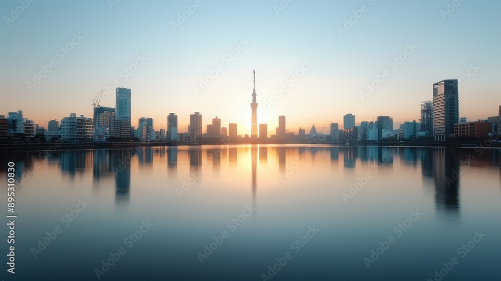 The image captures a breathtaking city skyline at dawn, with a calm waterfront reflecting the sunrise, showcasing both modern and traditional buildings. The image captures a breathtaking city skyline at dawn, with a calm waterfront reflecting the sunrise, showcasing both modern and traditional buildings.