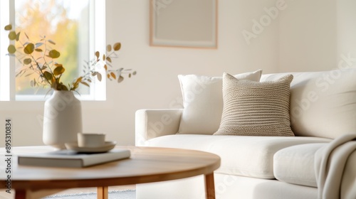 A bright living room featuring a white sofa  wooden coffee table  and simple d  cor. The large windows allow natural light to enhance the cozy  comfortable space.