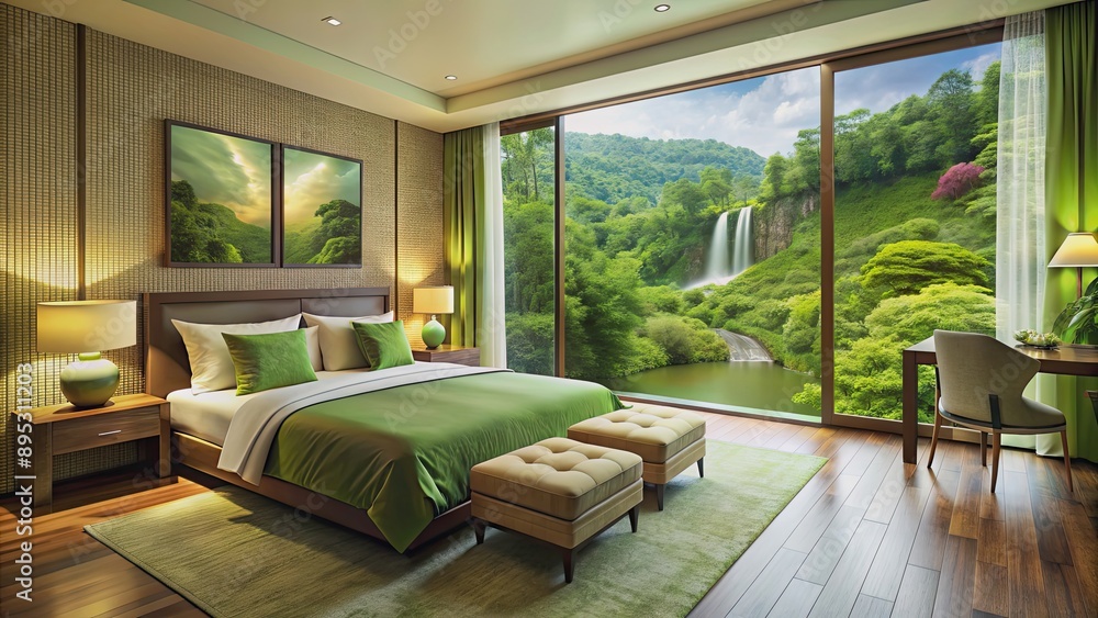 Resort hotel room with views of trees, waterfalls, green color scheme, clear sky, high resolution Resort hotel room with views of trees, waterfalls, green color scheme, clear sky, high resolution