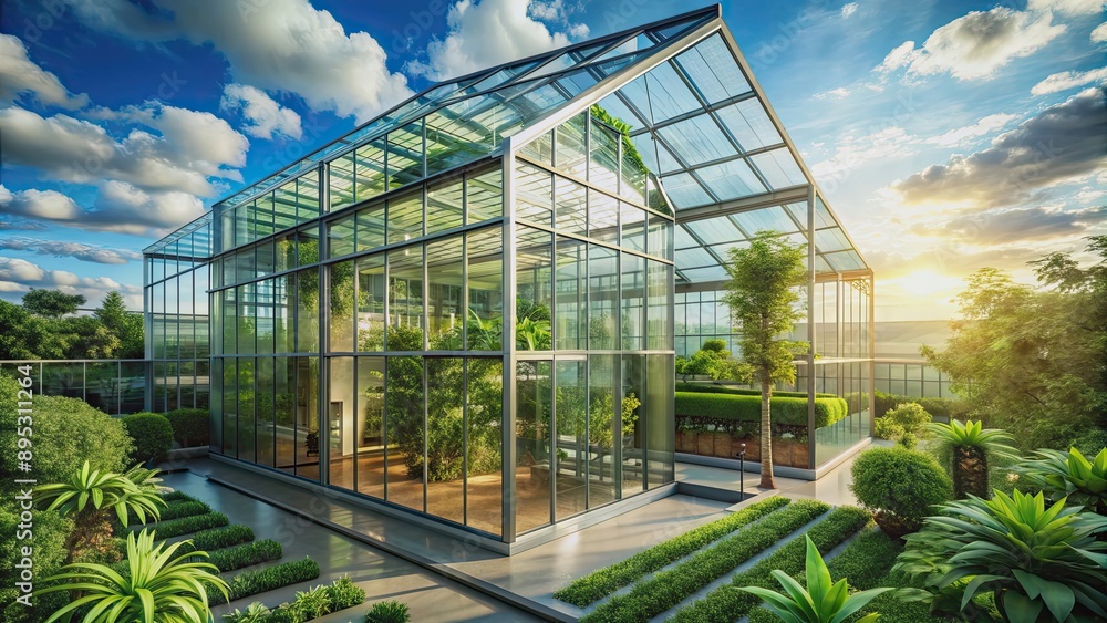 Glasshouse in the sky with modern architecture and lush green plants, glasshouse, sky, modern, architecture, green, plants Glasshouse in the sky with modern architecture and lush green plants, glasshouse, sky, modern, architecture, green, plants