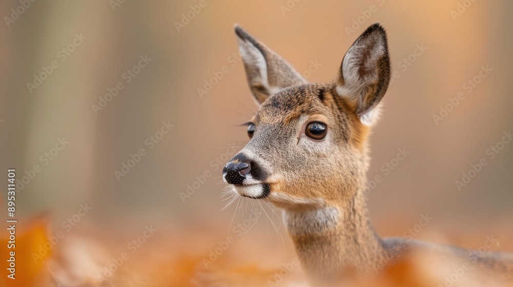A close-up shot of a young deer's face with a clear focus on its features. The background is a soft blur of autumn hues, capturing the essence of the season. A close-up shot of a young deer's face with a clear focus on its features. The background is a soft blur of autumn hues, capturing the essence of the season.