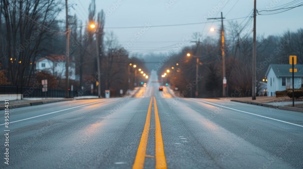 An empty city street stretches out under an overcast evening sky, lined with houses and illuminated by streetlights, evoking a sense of calm and solitude. An empty city street stretches out under an overcast evening sky, lined with houses and illuminated by streetlights, evoking a sense of calm and solitude.