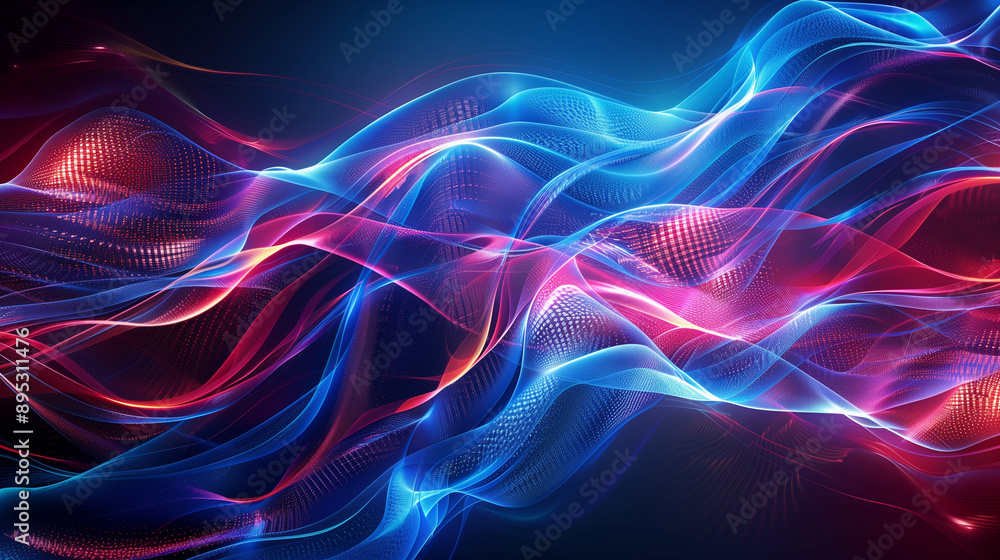 Fototapeta premium Futuristic digital wallpaper with vibrant blue and red waves, representing technology and modern art