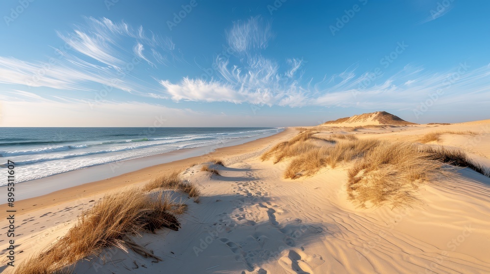 A tranquil beach scene features expansive sand dunes under a clear blue sky, with gentle ocean waves in the background, representing peace and the beauty of coastal landscapes. A tranquil beach scene features expansive sand dunes under a clear blue sky, with gentle ocean waves in the background, representing peace and the beauty of coastal landscapes.