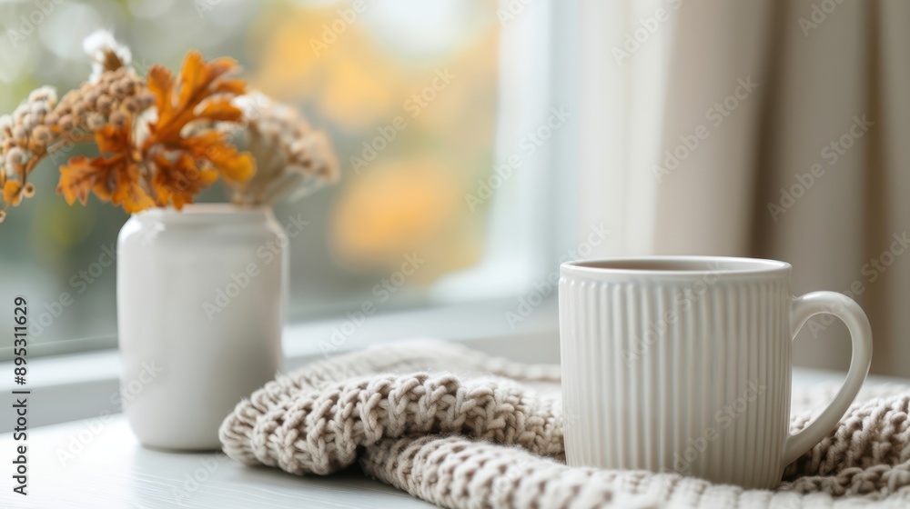 A cozy, warm scene featuring a cup of coffee placed on a table beside a knitted scarf, with autumn leaves and branches softly blurred in the background near the window. A cozy, warm scene featuring a cup of coffee placed on a table beside a knitted scarf, with autumn leaves and branches softly blurred in the background near the window.