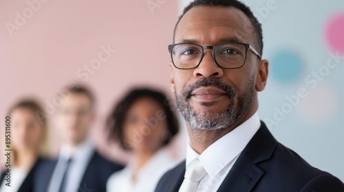 A confident businessman in a suit stands prominently in the foreground, with three blurred colleagues behind him, showcasing leadership and professionalism in a corporate environment.