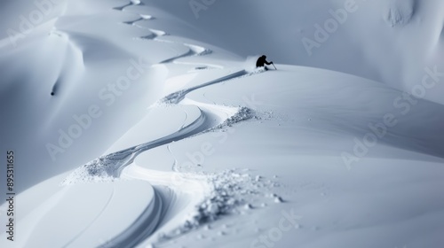 A single skier is captured in the midst of skiing down deep powder snow on a steep mountain slope. The fresh tracks and untouched snow convey freedom and exhilaration in nature.