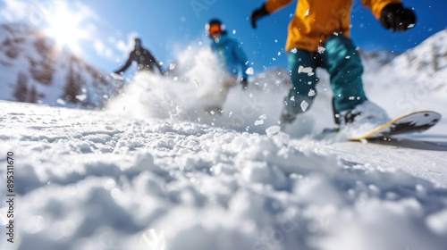 Three snowboarders glide through fresh powder on a sunny day, showcasing adventure, fun, and passion for winter sports amidst a snow-covered mountain landscape.