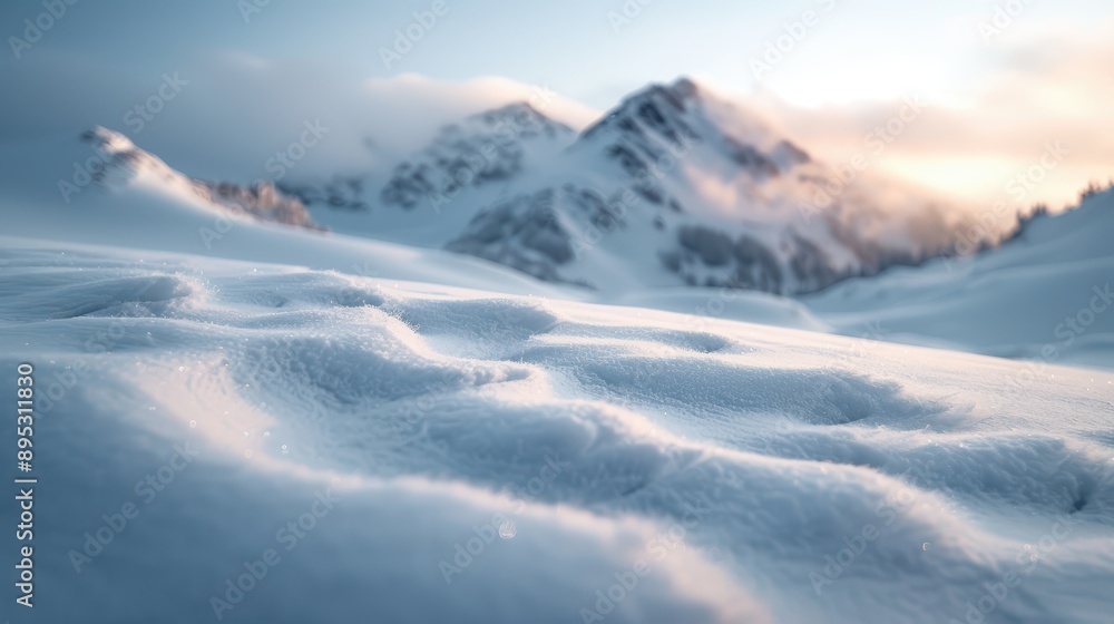Obraz premium A captivating snowy mountain landscape with soft, glowing sunlight peeking through, emphasizing the serene, untouched beauty of winter with an air of calm and wonder.