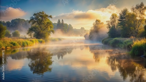 Wallpaper Mural Mist lingering over a tranquil river, fog, water, nature, calm, serene, morning, sunrise, peaceful, reflections, misty Torontodigital.ca