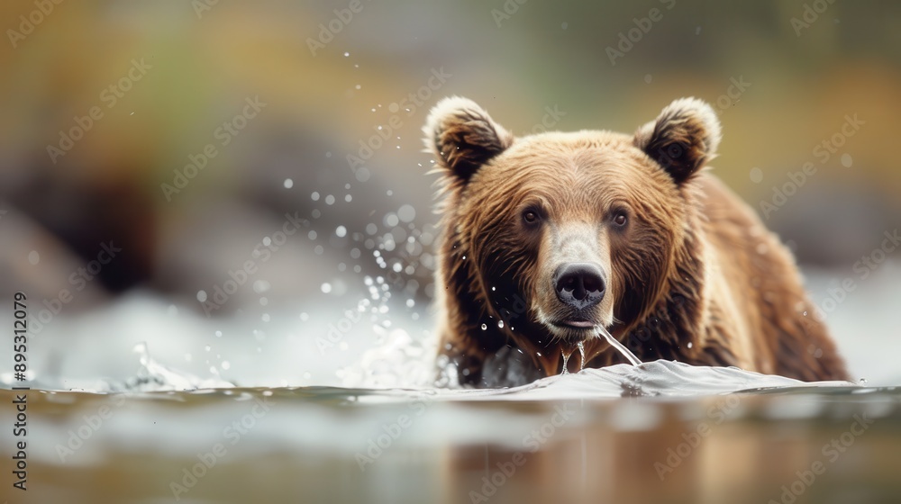 This image depicts a bear walking through the water with droplets splashing around, showcasing its natural habitat and a moment of action in the wilderness. This image depicts a bear walking through the water with droplets splashing around, showcasing its natural habitat and a moment of action in the wilderness.