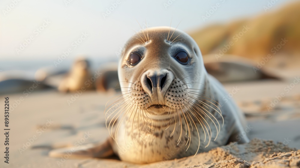 Fototapeta premium A captivating close-up of a seal lounging on a sandy beach, showcasing its expressive eyes and whiskers, with a backdrop of blurred coastline and fellow seals.