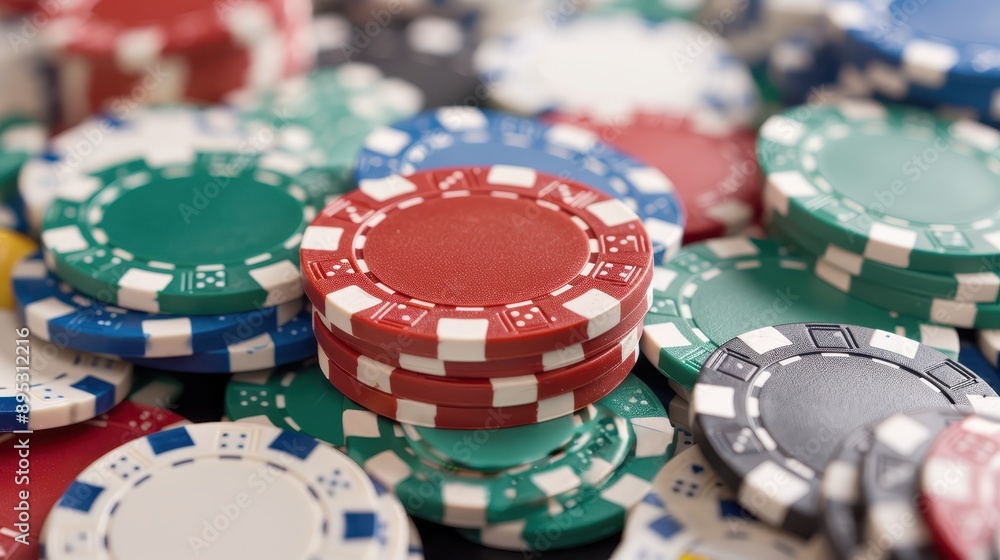 A detailed closeup shot showcasing a variety of colorful casino chips stacked randomly, capturing the vibrant essence and excitement of a casino atmosphere. A detailed closeup shot showcasing a variety of colorful casino chips stacked randomly, capturing the vibrant essence and excitement of a casino atmosphere.