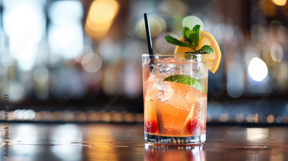 A visually appealing cocktail glass filled with mixed fruits and mint leaves, garnished with lemon and strawberries, at a bar with a blurry, bokeh backdrop suggesting a vibrant scene. A visually appealing cocktail glass filled with mixed fruits and mint leaves, garnished with lemon and strawberries, at a bar with a blurry, bokeh backdrop suggesting a vibrant scene.