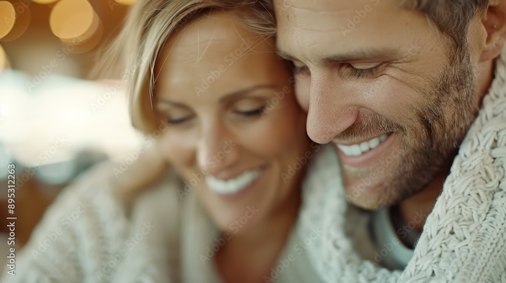 A close-up of a smiling couple wrapped in cozy sweaters, capturing the warmth and affection between them, with a soft background creating a dreamy and intimate atmosphere. A close-up of a smiling couple wrapped in cozy sweaters, capturing the warmth and affection between them, with a soft background creating a dreamy and intimate atmosphere.