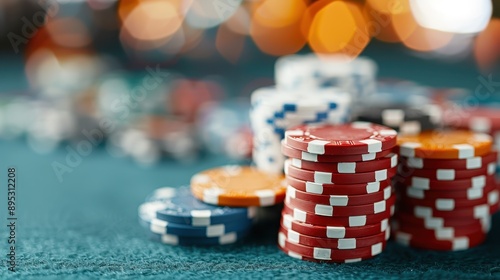 A detailed close-up view of various colored poker chips stacked neatly on a green casino table, emphasizing the vibrant atmosphere of a gaming environment.