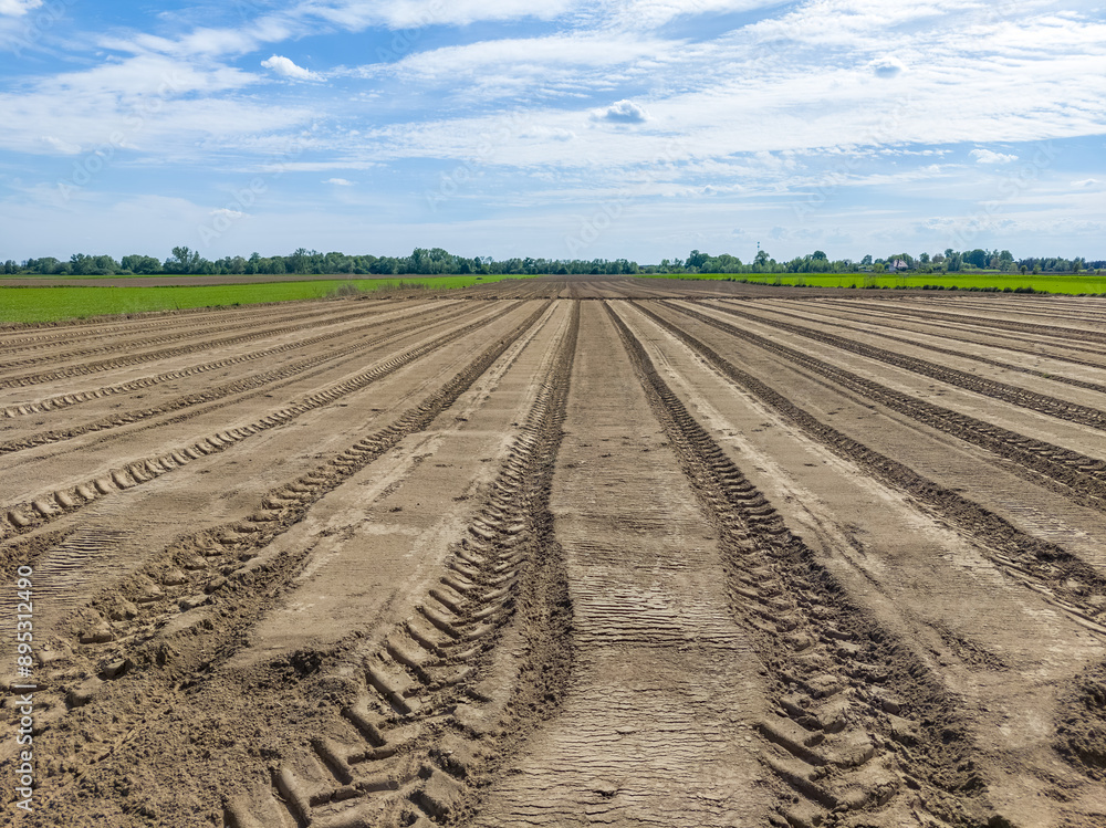 Tractor tyre tracks in an agricultural field. Tractor tyre tracks in an agricultural field.