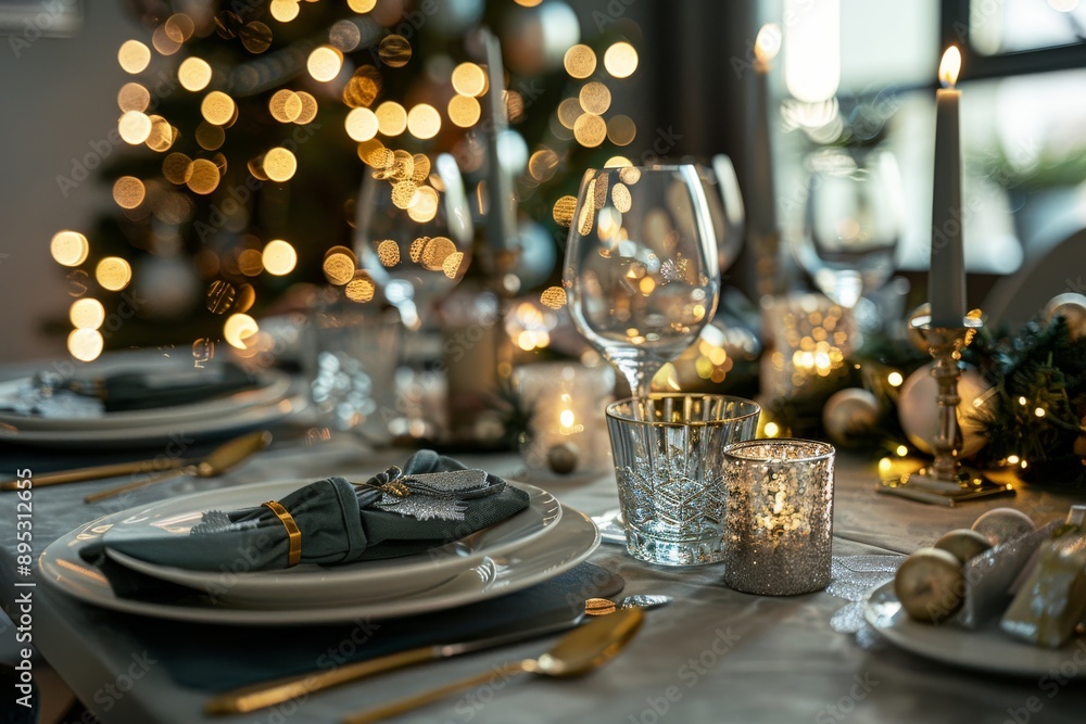 Elegant Christmas table setting with golden cutlery, candles and christmas lights Elegant Christmas table setting with golden cutlery, candles and christmas lights