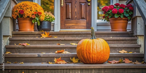 Autumn pumpkin sitting on a porch steps decorated for Halloween, Halloween, decor, decoration, holiday, autumn, fall, pumpkin, porch photo