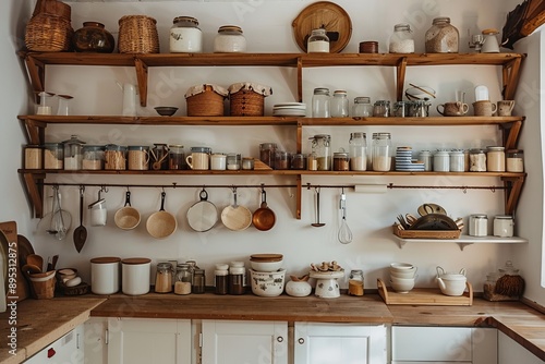 Kitchen shelves with utensils and utensils in rustic style