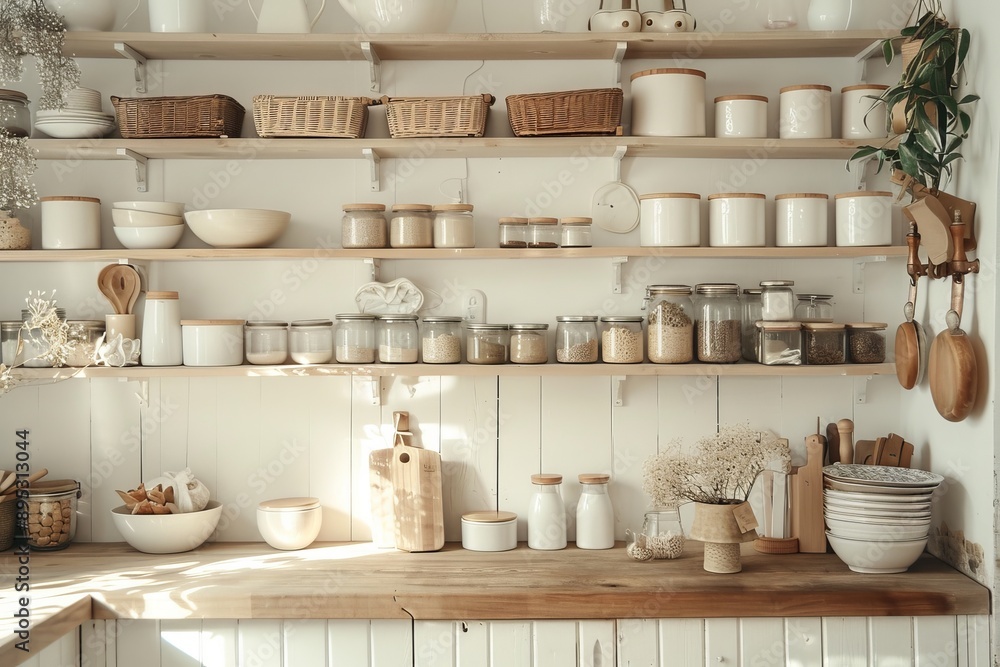 Kitchen shelves with utensils and kitchenware, toned Kitchen shelves with utensils and kitchenware, toned