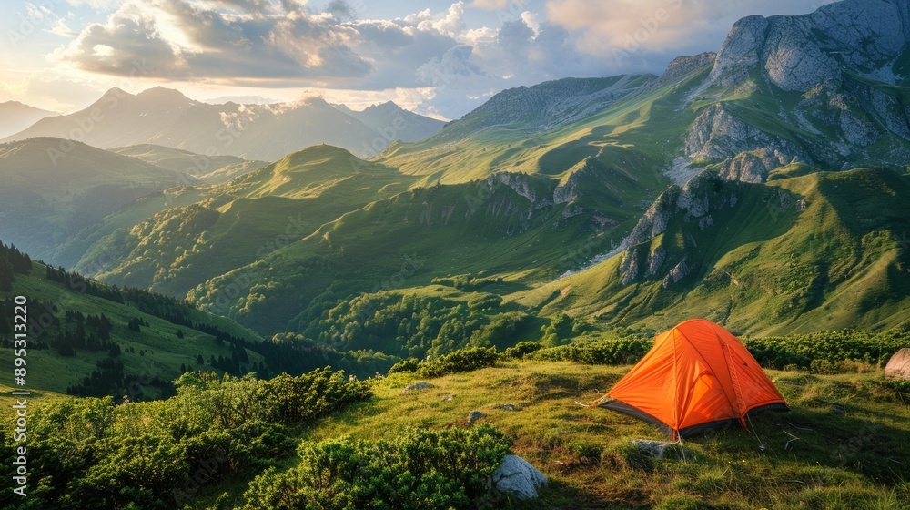 Tent set up in a lush green valley under a bright sky Tent set up in a lush green valley under a bright sky
