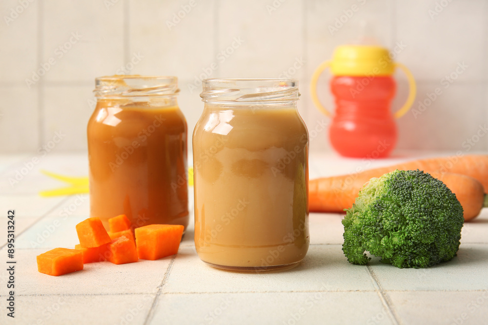 Glass jars of healthy baby food and vegetables on light tile background Glass jars of healthy baby food and vegetables on light tile background