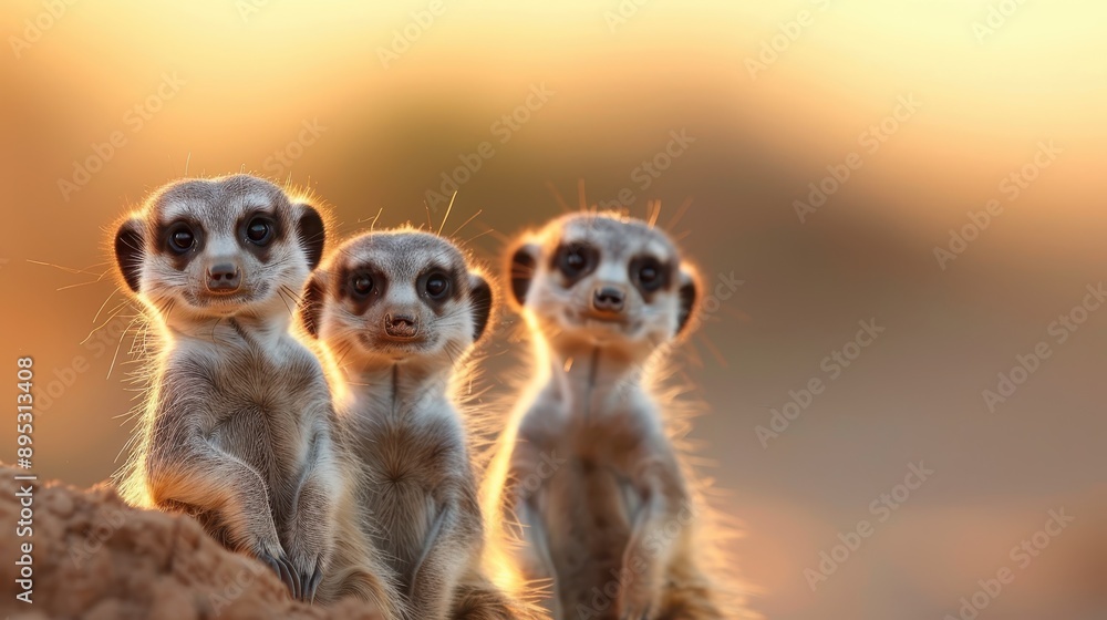 An endearing image of three meerkats posing together on a mound with a beautiful sunset backdrop, exemplifying curiosity and tight-knit community in the animal kingdom. An endearing image of three meerkats posing together on a mound with a beautiful sunset backdrop, exemplifying curiosity and tight-knit community in the animal kingdom.
