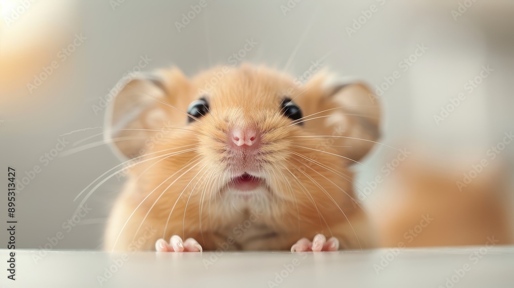 A charming close-up shot of a cute, fluffy hamster with tiny paws and whiskers, attentively gazing directly into the camera in a bright and clean environment. A charming close-up shot of a cute, fluffy hamster with tiny paws and whiskers, attentively gazing directly into the camera in a bright and clean environment.