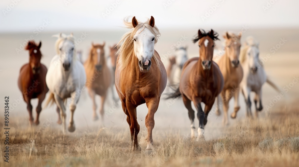 A dynamic scene of a horse herd galloping across a bright, sunny plain, showcasing their powerful movement and energy. The image evokes freedom, excitement, and wild beauty. A dynamic scene of a horse herd galloping across a bright, sunny plain, showcasing their powerful movement and energy. The image evokes freedom, excitement, and wild beauty.