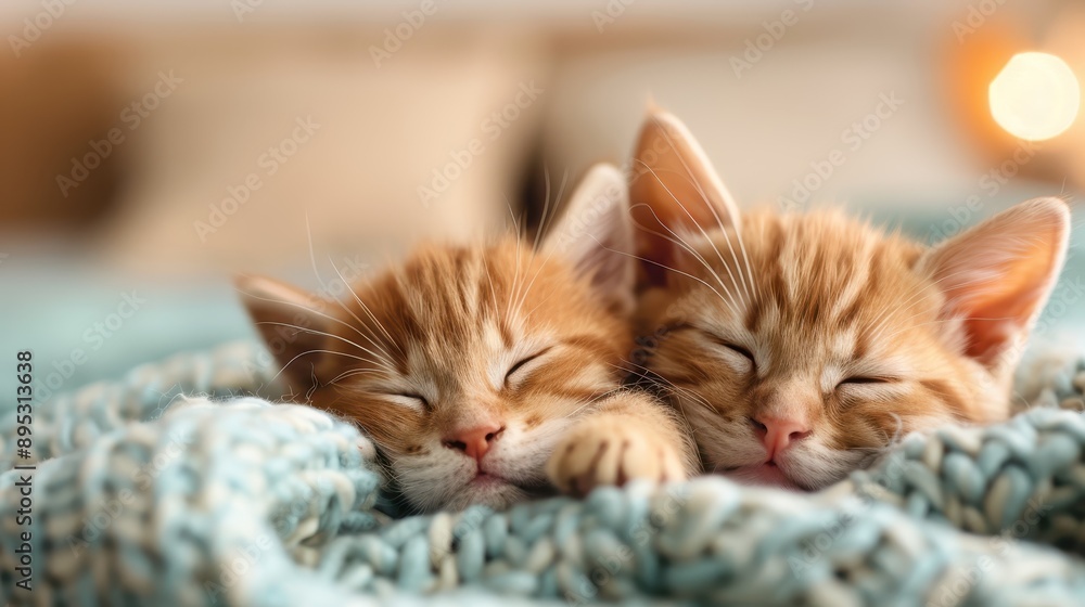 Two adorable ginger kittens rest peacefully, cuddled up close together, wrapped in a cozy blue blanket, creating the perfect scene of comfort, warmth, and companionship. Two adorable ginger kittens rest peacefully, cuddled up close together, wrapped in a cozy blue blanket, creating the perfect scene of comfort, warmth, and companionship.