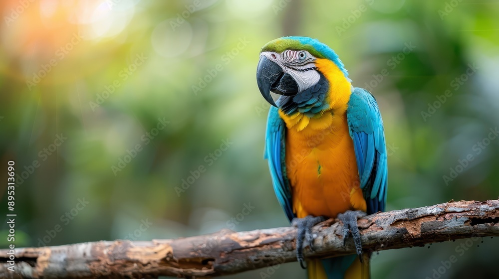 A beautiful parrot with vivid blue and yellow feathers is perched on a branch in a lush tropical forest, basking in the sun's rays with intricate details of its plumage visible. A beautiful parrot with vivid blue and yellow feathers is perched on a branch in a lush tropical forest, basking in the sun's rays with intricate details of its plumage visible.
