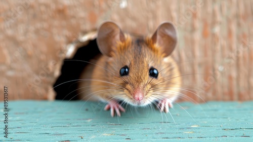 A charming image of a mouse peeking its head out of a small hole, displaying its large ears and bright eyes, set against a contrasting background, conveying curiosity and timidity. photo