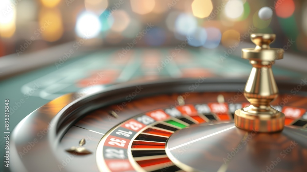 A close-up shot focuses on the intricately designed roulette wheel in a casino, highlighting the golden details and vibrant colors, symbolizing chance and fortune. A close-up shot focuses on the intricately designed roulette wheel in a casino, highlighting the golden details and vibrant colors, symbolizing chance and fortune.