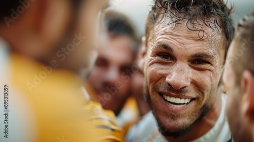 A man, sweaty and ecstatic, celebrates with his team members during an outdoor event, highlighting camaraderie and triumphant moments of teamwork.