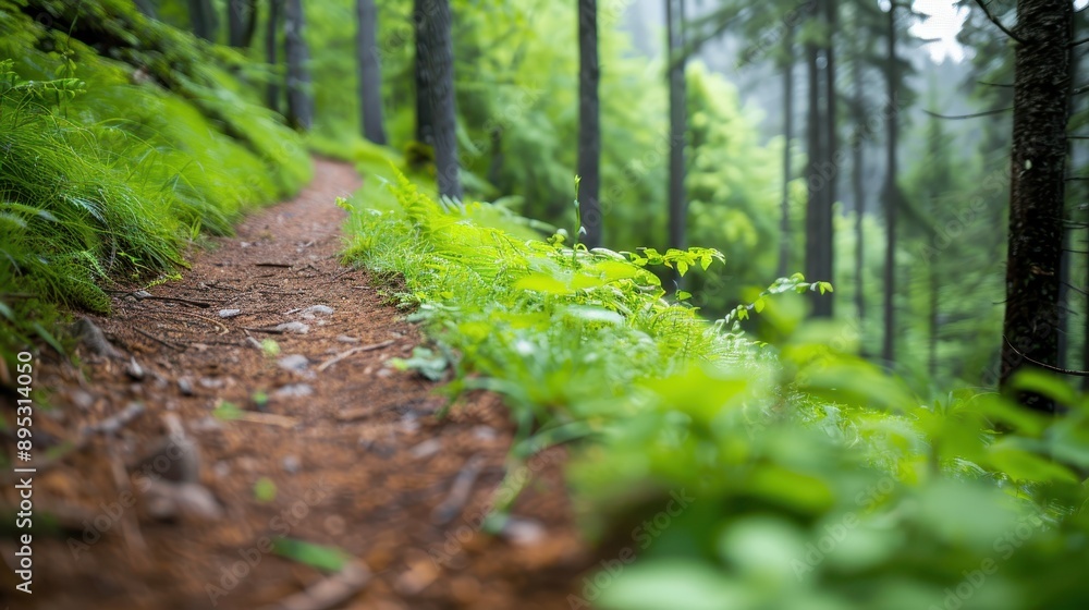 A captivating image features a narrow dirt path winding through a dense, lush forest, showcasing vibrant greenery and tall trees, invoking a sense of peace and tranquility. A captivating image features a narrow dirt path winding through a dense, lush forest, showcasing vibrant greenery and tall trees, invoking a sense of peace and tranquility.