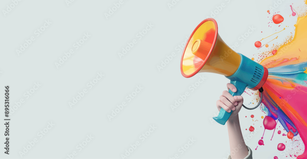 Hand holding a colorful megaphone with paint splashes. Bright background with dynamic paint elements.