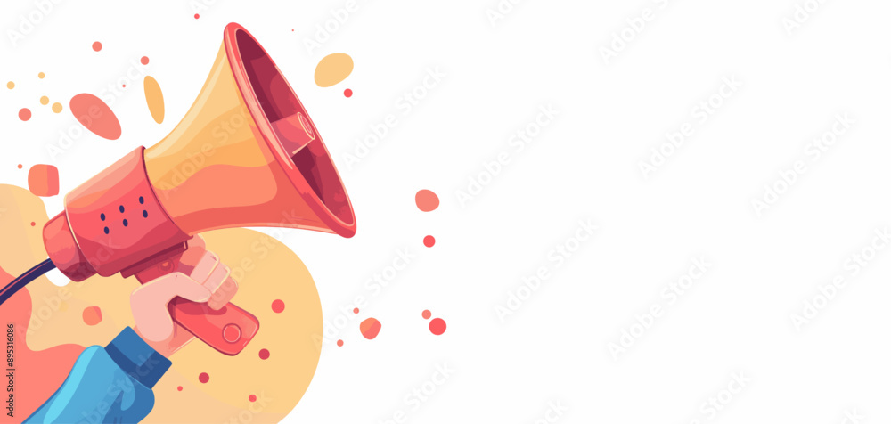 Fototapeta premium Hand holding a colorful megaphone with abstract shapes. Bright background with playful elements.