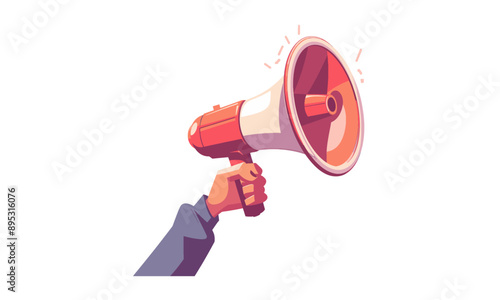 Hand holding a red and yellow megaphone with hearts. Bright background with playful elements.