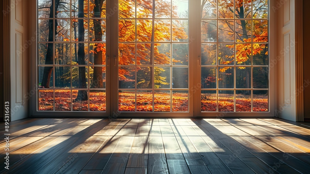 Room with large windows overlooking autumn trees Room with large windows overlooking autumn trees